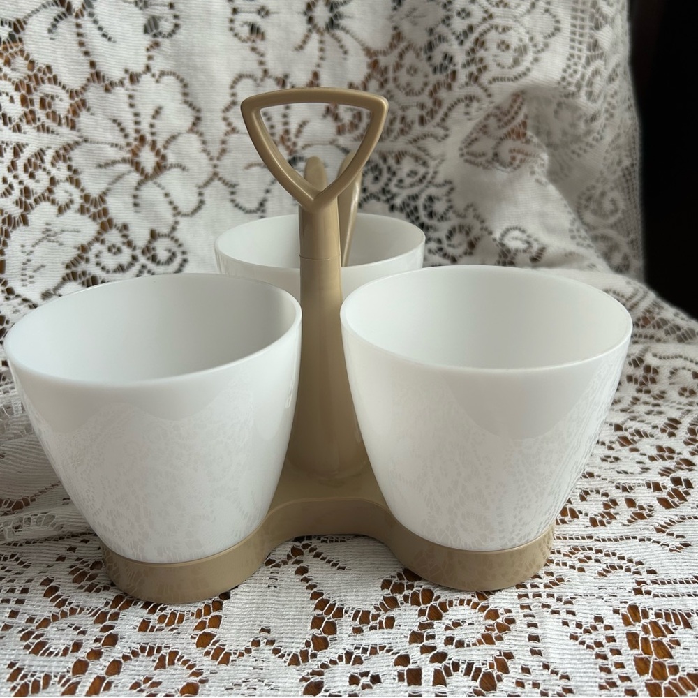Vintage Tupperware Serve ‘n Store 3-pc Condiment Set with Caddy Carrier Almond